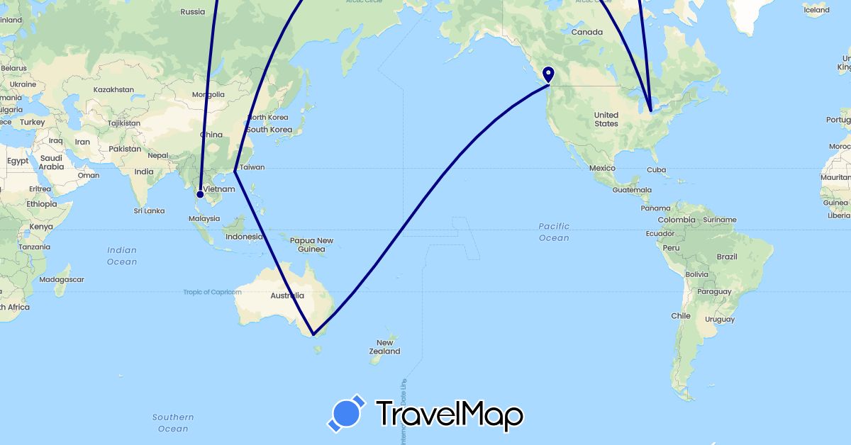 TravelMap itinerary: driving in Australia, Canada, China, Thailand, United States (Asia, North America, Oceania)